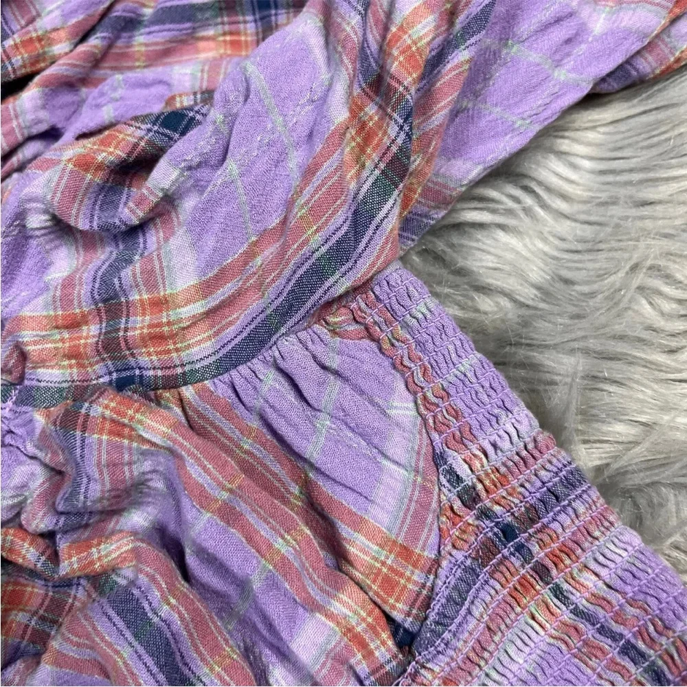 Free People Cherry Bomb Purple Plaid Long Sleeve Blouse Size Small